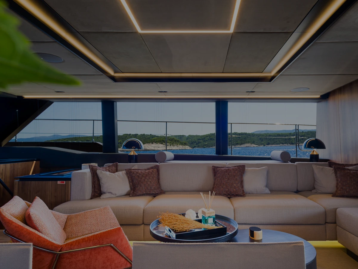 Open space area on the luxury yacht, gorgeous decor, extraordinary view