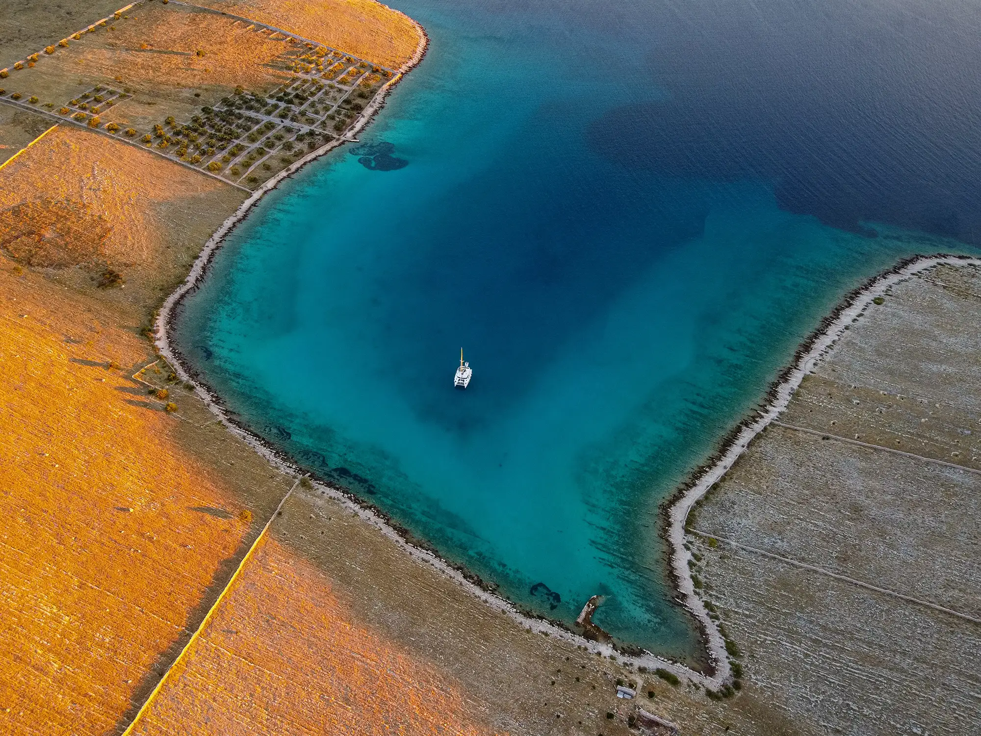 Bay in Dalmatia, Croatian cove, with luxurious yacht